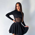 Fall Women Clothing Half High Collar Long Sleeves Mesh Patchwork See through Boning Corset Tight Waist Short Dress