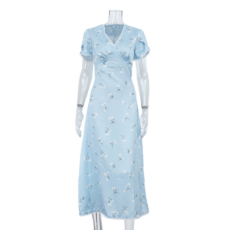 High Grade Satin Printed V neck Short Sleeved Elegant A line Dress Women Elegant Dress