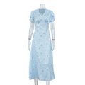 High Grade Satin Printed V neck Short Sleeved Elegant A line Dress Women Elegant Dress