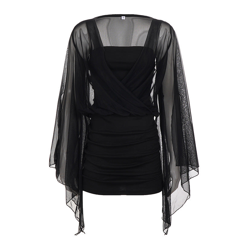 Black Mesh Yarn False Two Pieces Irregular Asymmetric Dress Women Sexy Lace Package Hip Dress