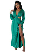 Deep V Plunge Neck Solid Color Long Sleeve Sexy Waist Hollow Out Cutout out Lace up Split Dress Comfortable Skin Friendly Daily Party Women Dress