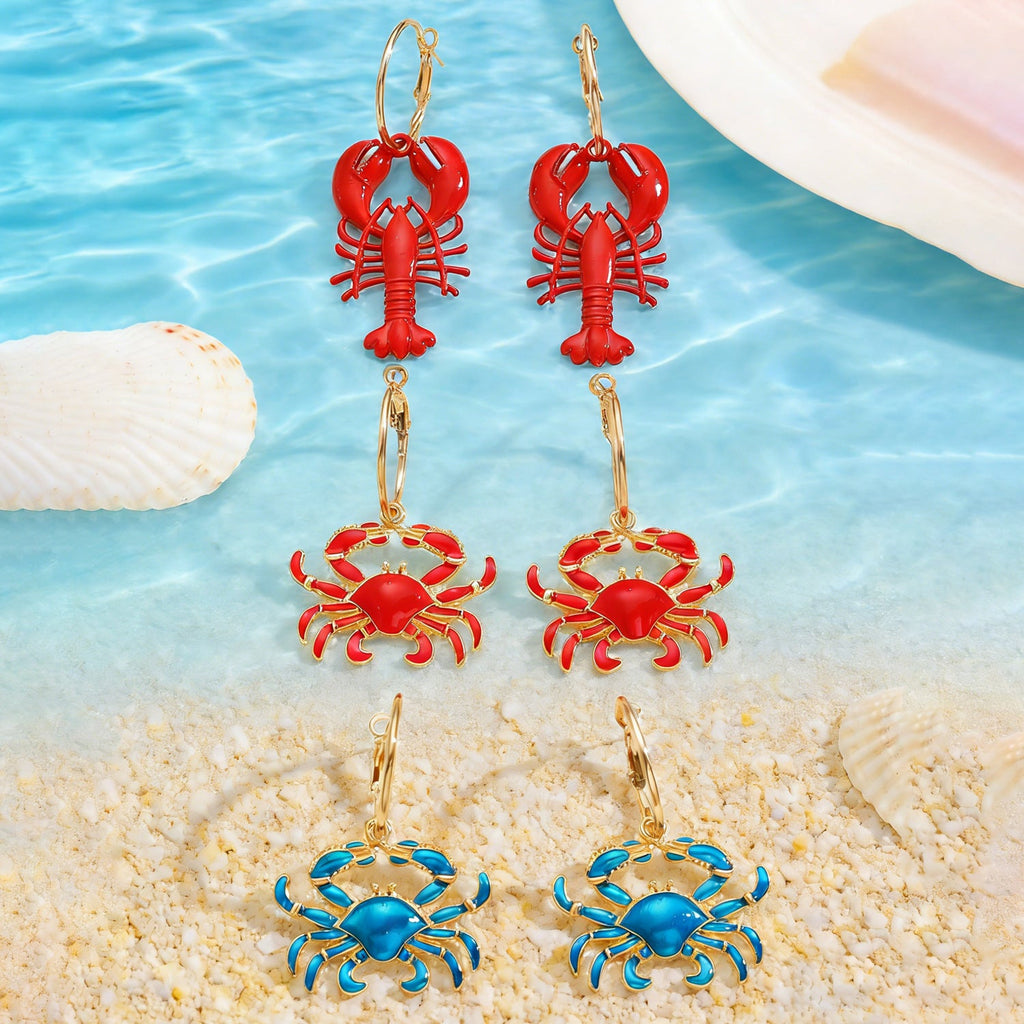 Beach Ocean Vacation Style Exaggerated Alloy Lobster Crab Pendant Earrings