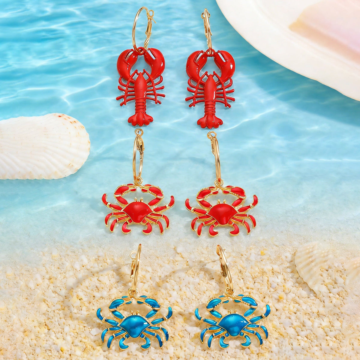 Beach Ocean Vacation Style Exaggerated Alloy Lobster Crab Pendant Earrings