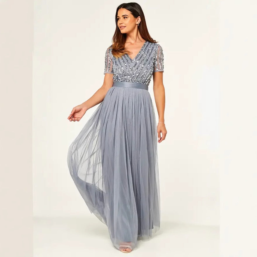 Sequ Dress Short Sleeve V neck Swing Evening Dress High Waist Cocktail Elegant
