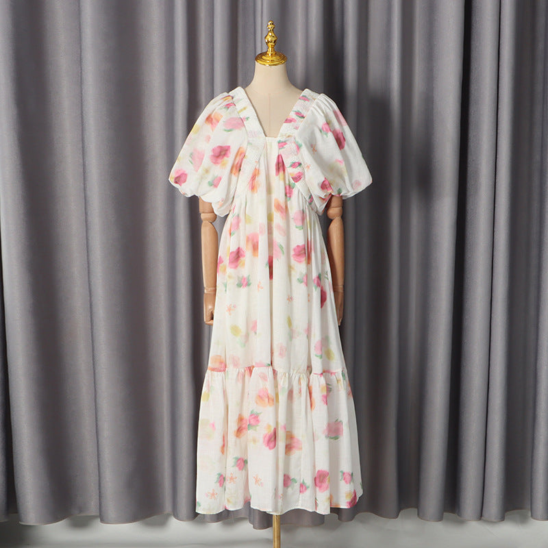 French Pastoral Dress Deep V Plunge neck Puff Sleeve High Waist A line Large Printed Maxi Dress