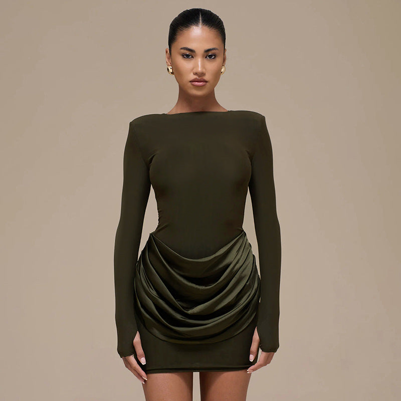Women Clothing Autumn Winter Solid Color Elegant Casual Slim Fit round Neck Long Sleeves Pleated Short Dress