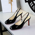French High Grade Patent Leather Stiletto Heel Red Sole Shoes Design round Toe Low Cut Ankle Strap Buckle Slingback Sandals