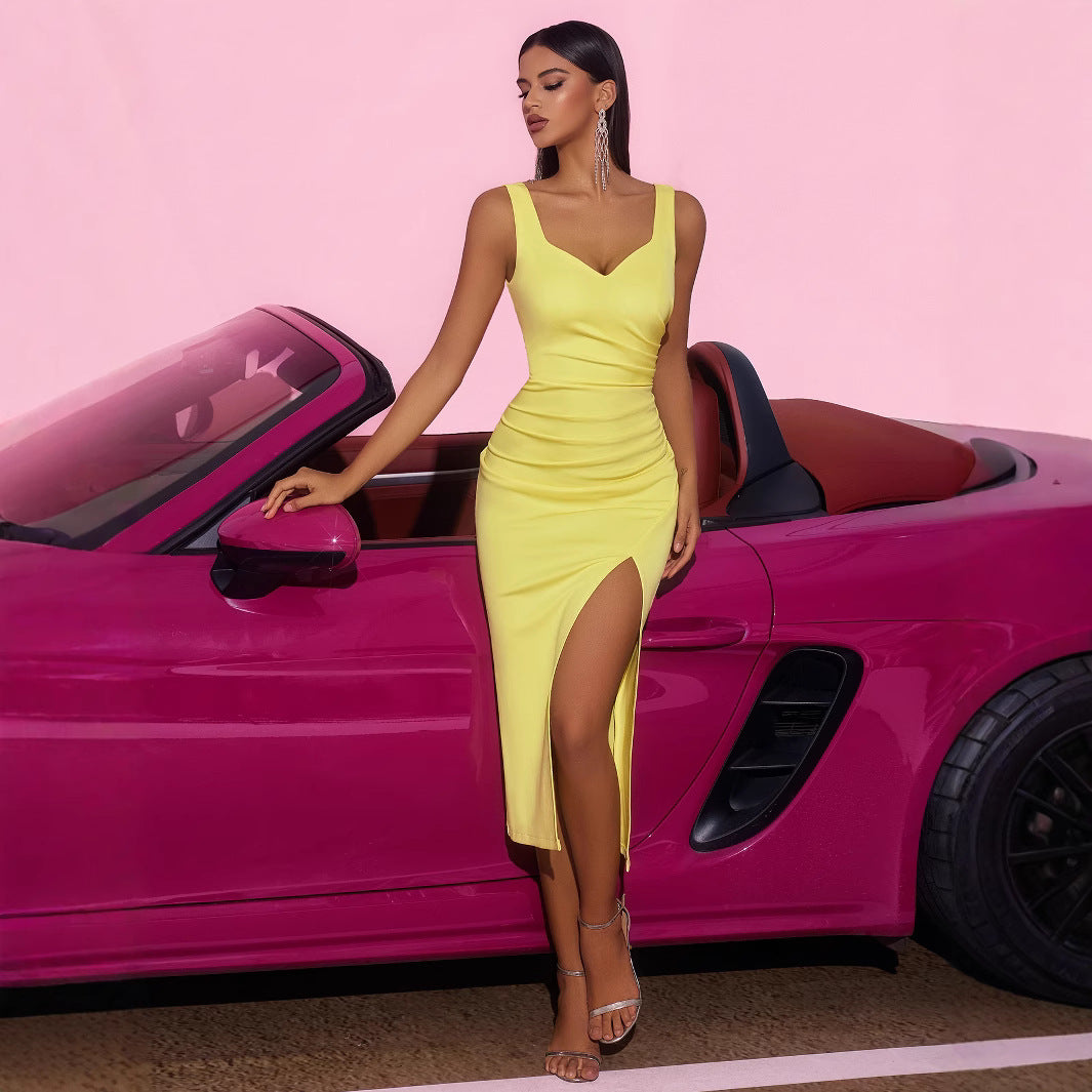 Elegant off Shoulder Slim Fit Figure Flattering Side Slit Pleated High Waist Strap Dress