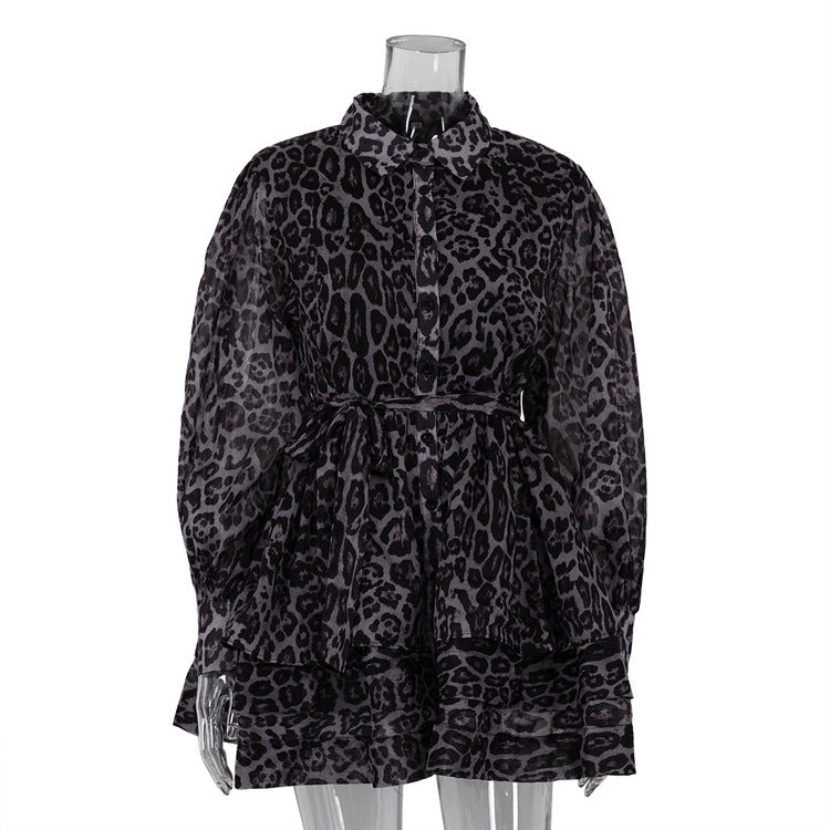 Women Clothing Early Spring Chiffon Leopard Print Long Sleeved Dress Street Collared Pettidress