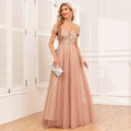 Off The Shoulder Sling Double V neck Sequ Embroidery Stitching Party Dress Elegant A Swing Tulle Dress