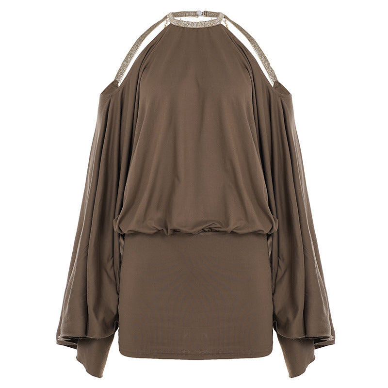Sexy off Shoulder Backless Irregular Asymmetric Design Short Loose Batwing Sleeve Dress for Women
