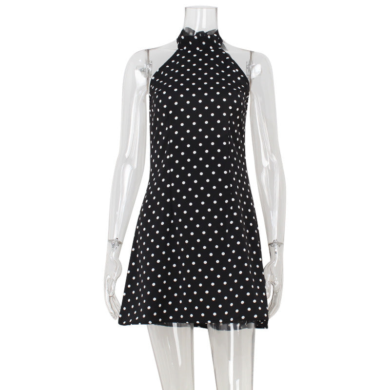 Elegant French Halter Backless Slim Fit Polka Dot Printed Sexy Sexy A line Dress
