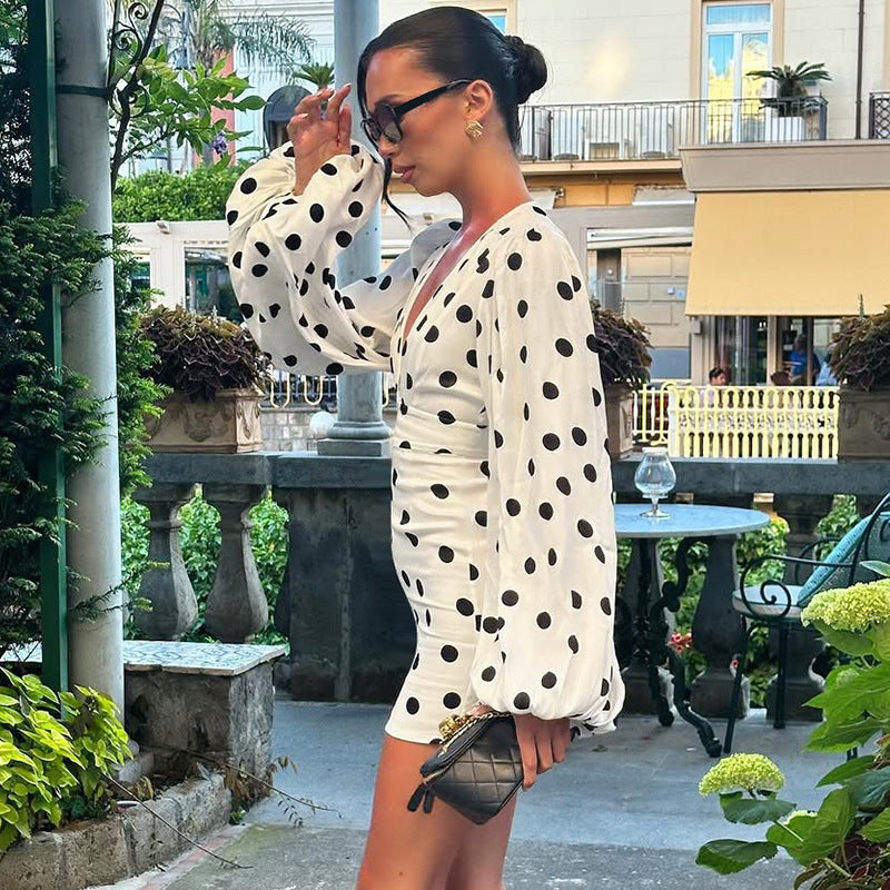 Polka Dot Printed Sexy Deep V Plunge neck Slim Fit Bell Sleeve Sheath Dress for Women