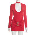 Women Clothing Winter Deep V Plunge neck Tight Long Sleeve Hollow Out Cutout out Eyelet Decorative Dress