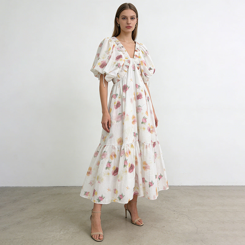 French Pastoral Dress Deep V Plunge neck Puff Sleeve High Waist A line Large Printed Maxi Dress