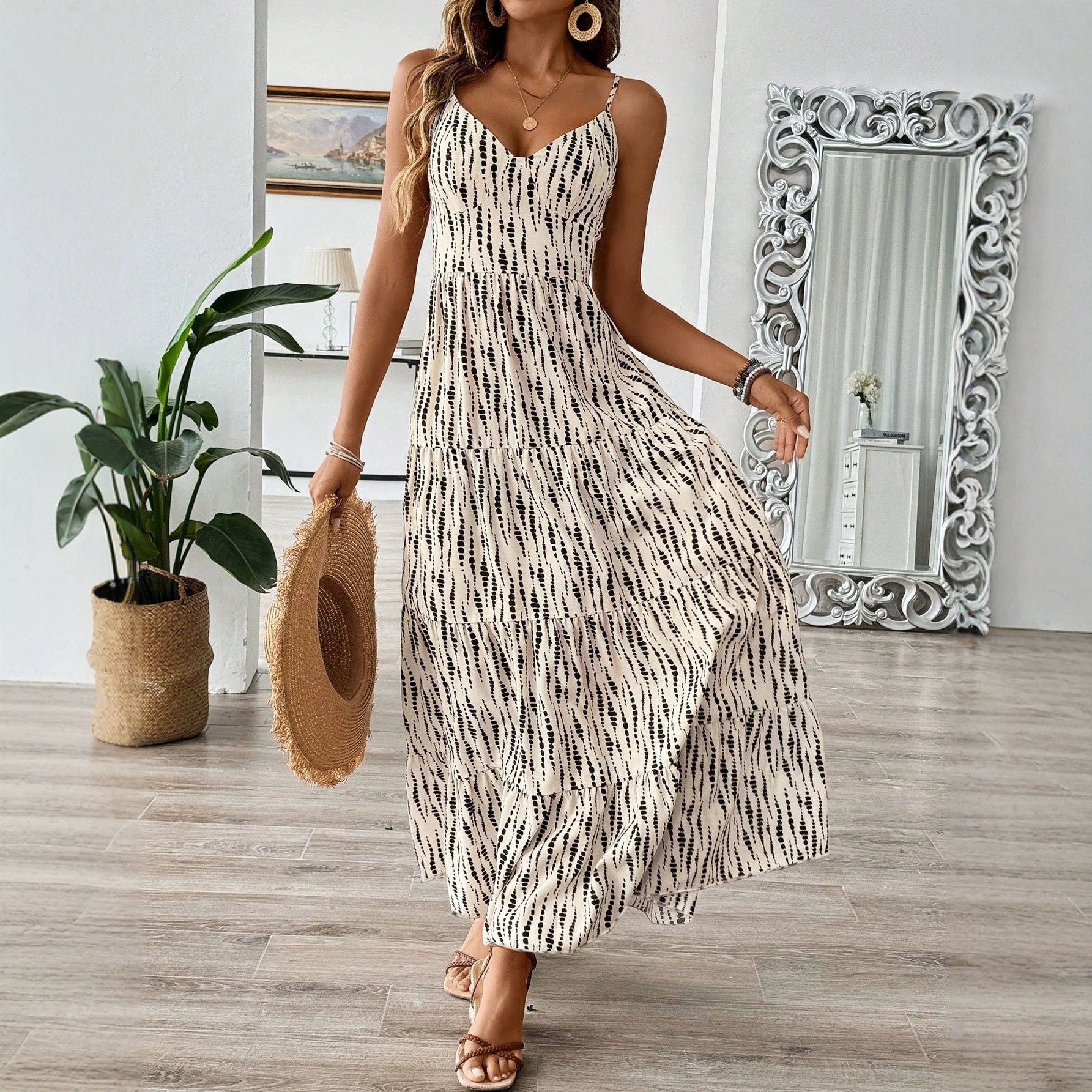 Summer Strap Backless Lace up Dress Striped Design Waist Slimming Vacation Dress