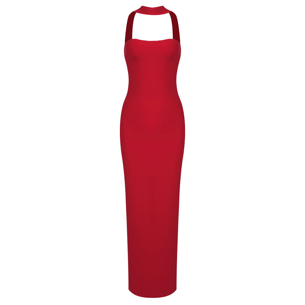 Summer Women Clothing Side Slit Bandage Elastic Long Tube Top Tight Halter Dress
