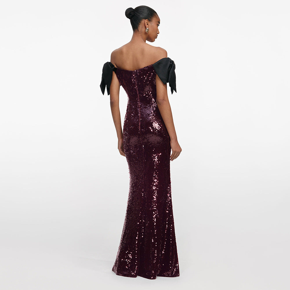 Coffee Color Colorful Sequin Long Evening Dress off Shoulder Black Bow Cocktail Fishtail Dress
