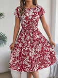 Spring Summer Elegant Floral Short Sleeve Large Hem Pleated Dress Women Clothing