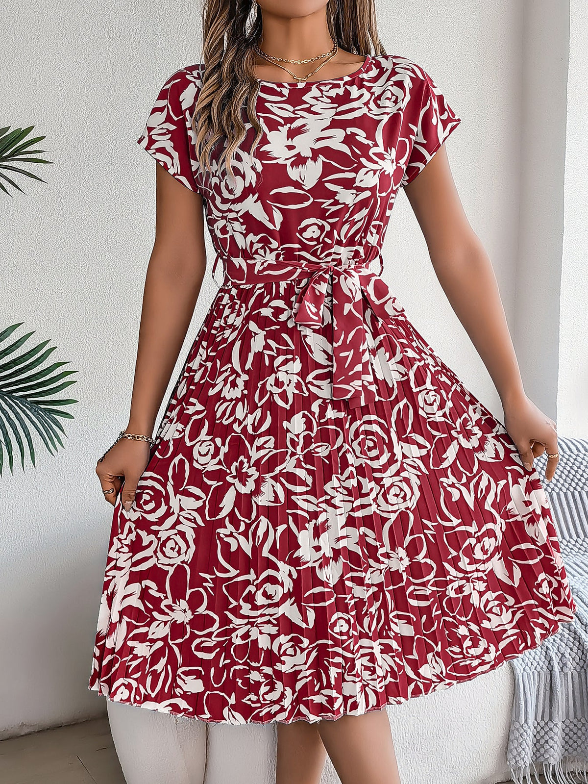 Spring Summer Elegant Floral Short Sleeve Large Hem Pleated Dress Women Clothing