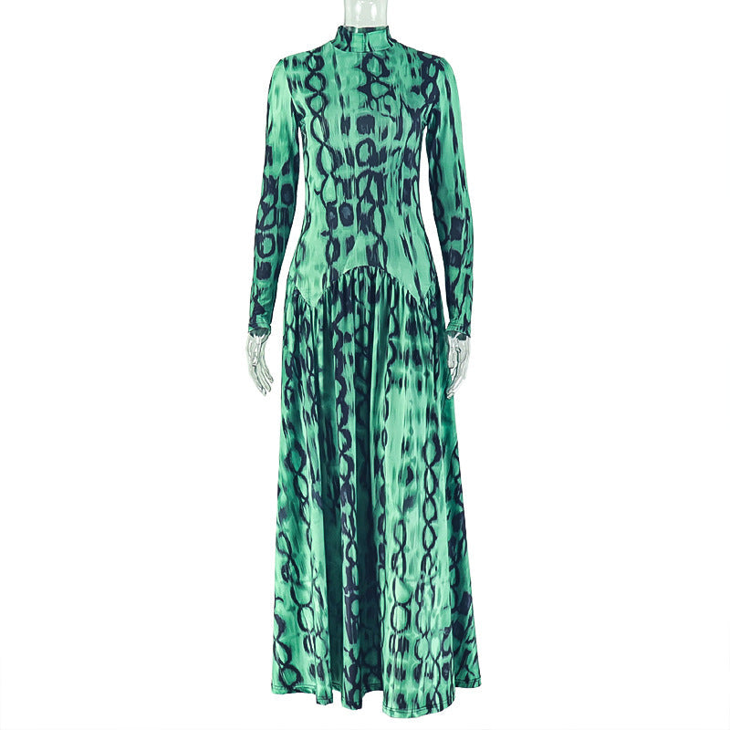 Retro Elegant Women Pleated Big Hem A line Dress Turtleneck Long Sleeve Printed Waist Controlled Dress