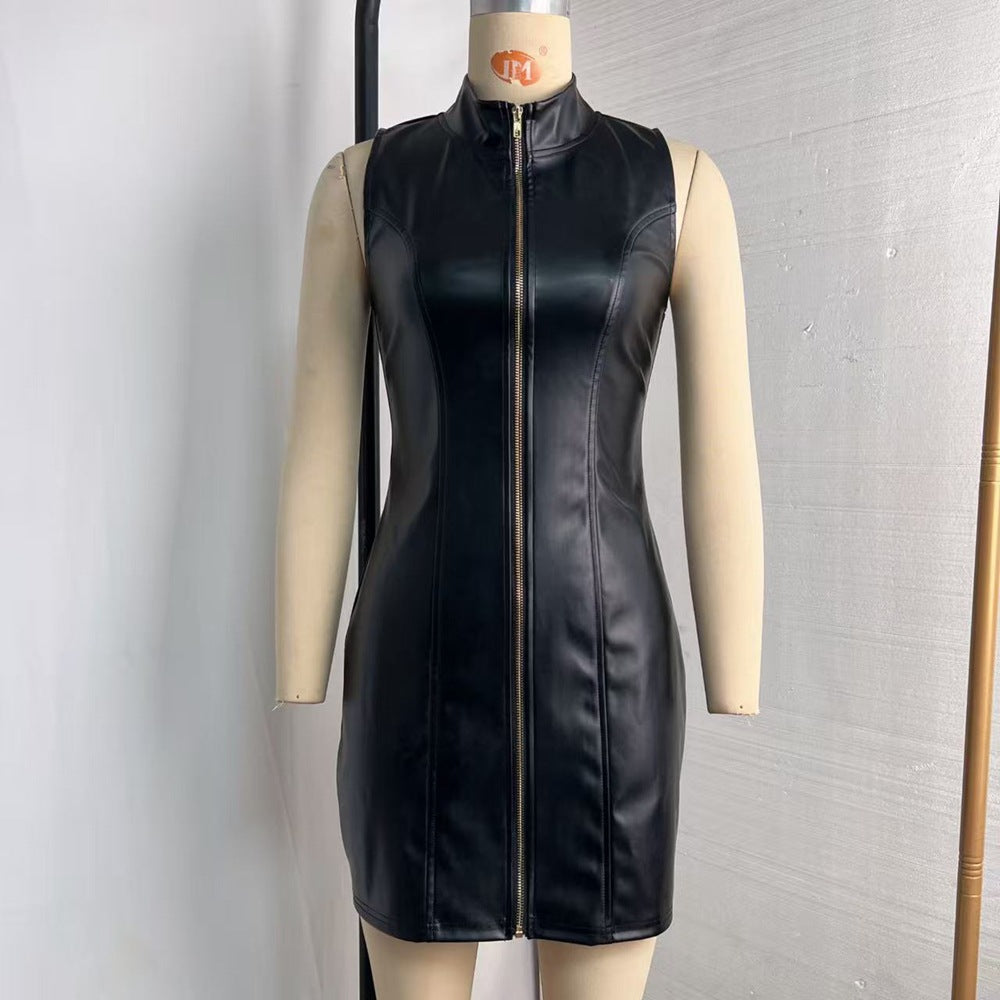 Faux Leather Sleeveless Sheath Slim Fit Slimming Dress Summer Sexy Women Party Leather