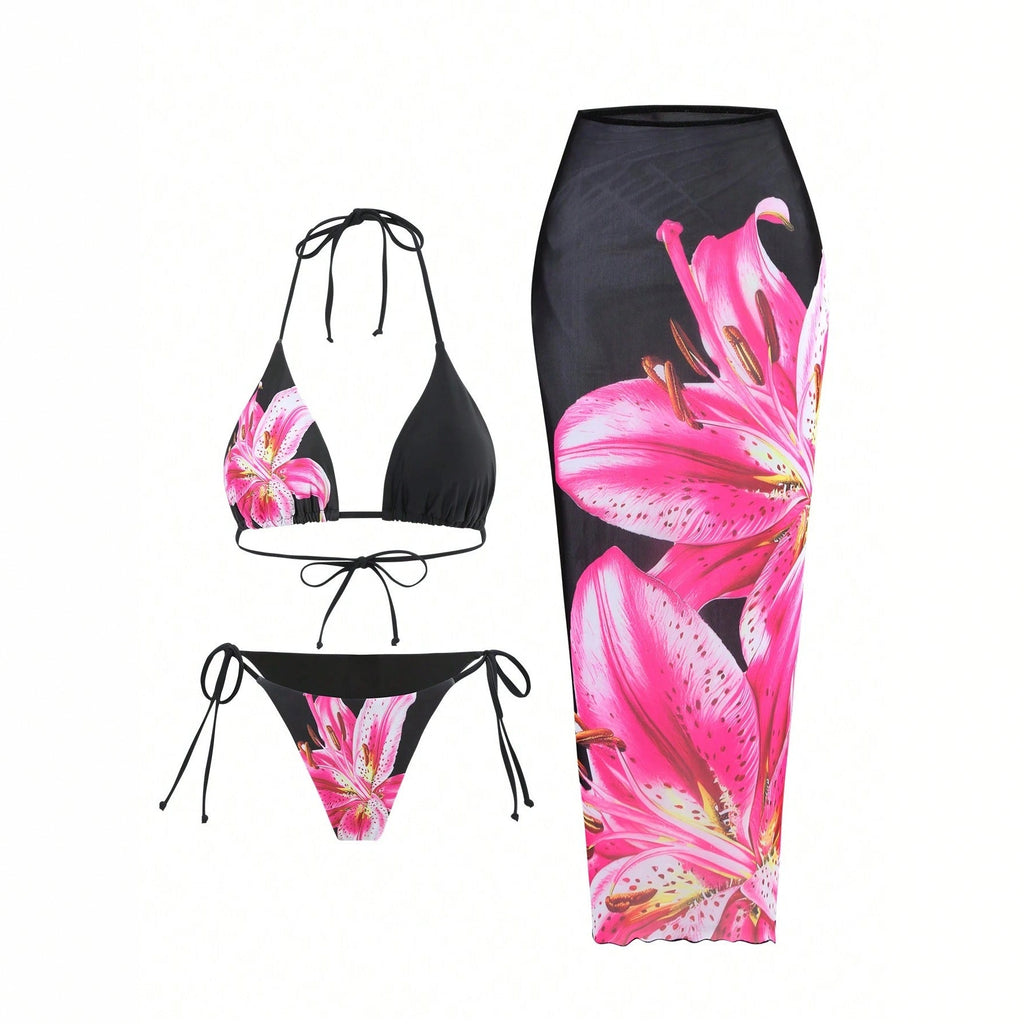 Bikini Cover Up Sexy Lily Printed Swimsuit Three Piece Set