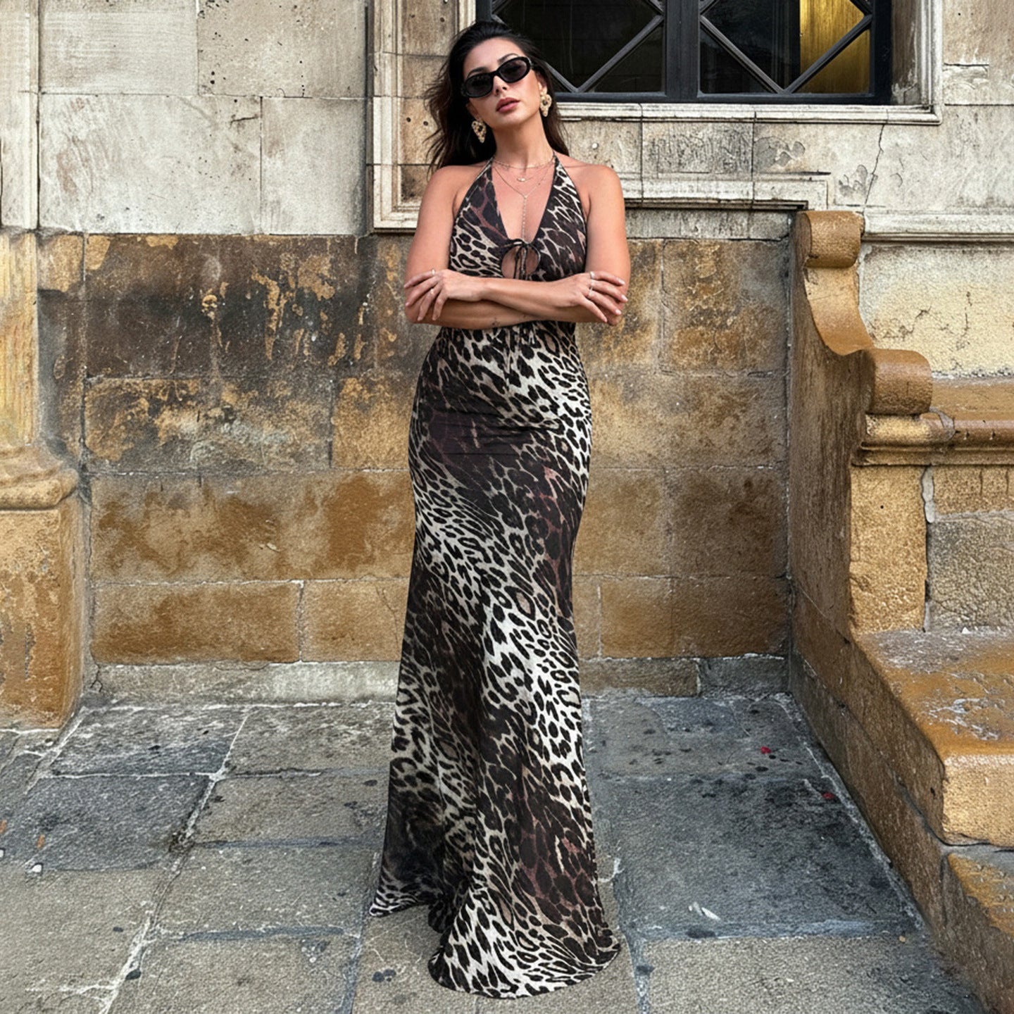 Sexy Party Formal Dress Leopard Print Backless Halter Tied V neck Dress