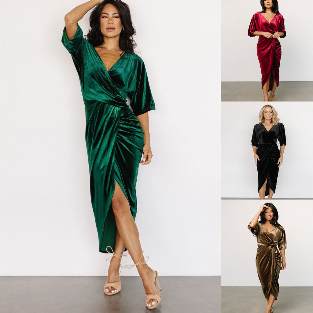 Pleuche Dress V neck Sexy Asymmetric Dress Evening Dress