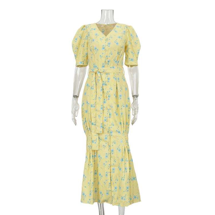 Summer French Printed Dress Women Clothing V neck Short Sleeve Split Lace up Hip Dress