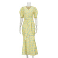 Summer French Printed Dress Women Clothing V neck Short Sleeve Split Lace up Hip Dress