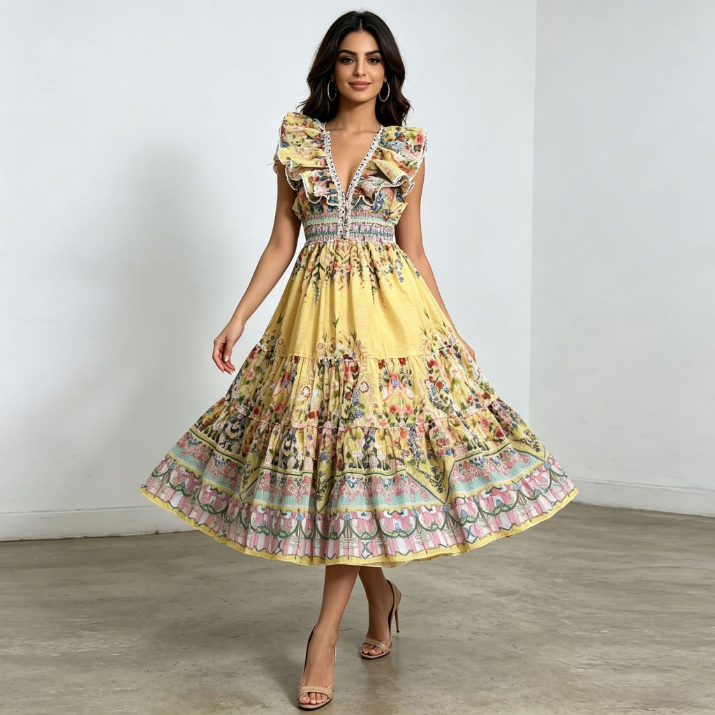 Western Retro Midi Dress Deep V Plunge neck Flounce High Waist A line Large Hem Printed Dress