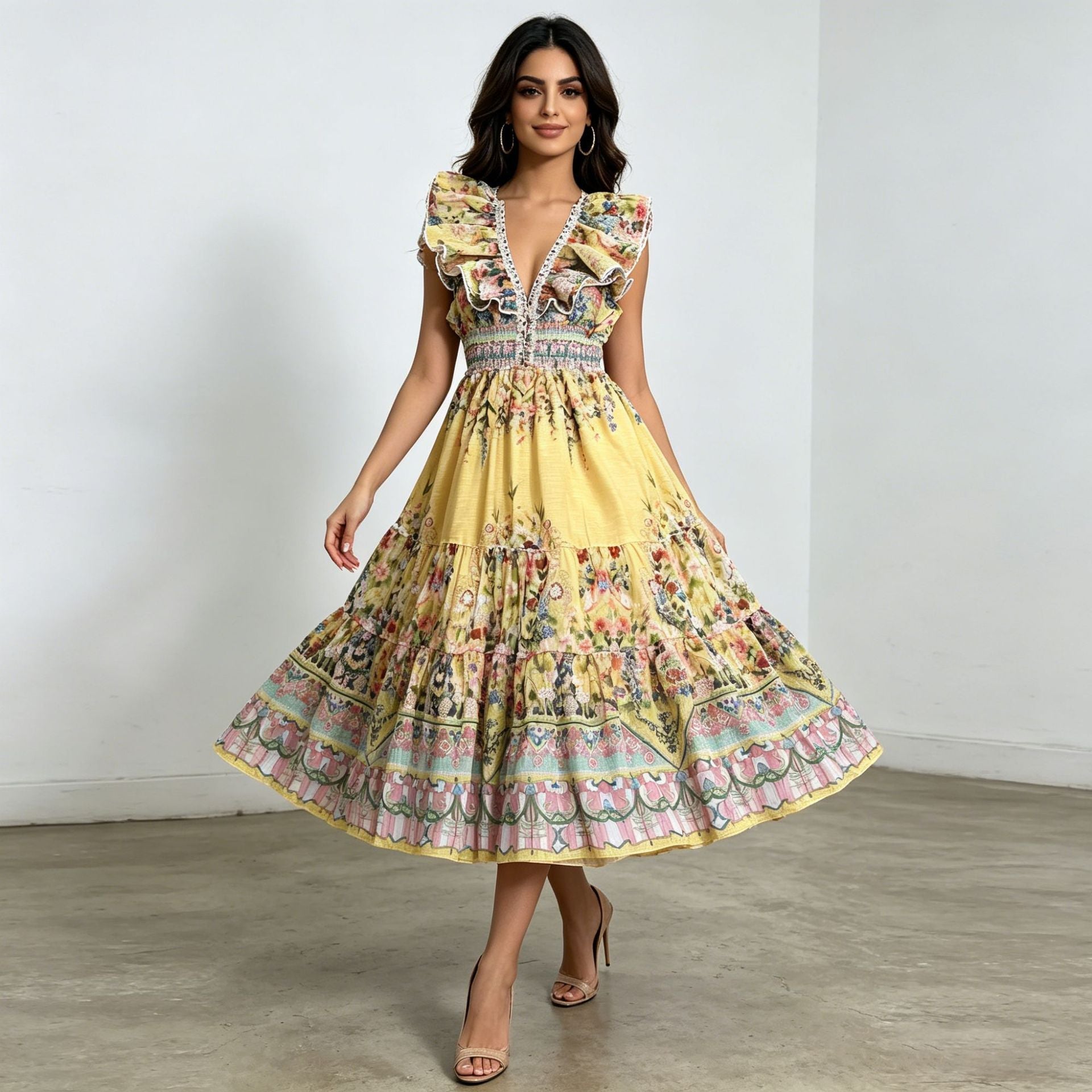 Western Retro Midi Dress Deep V Plunge neck Flounce High Waist A line Large Hem Printed Dress