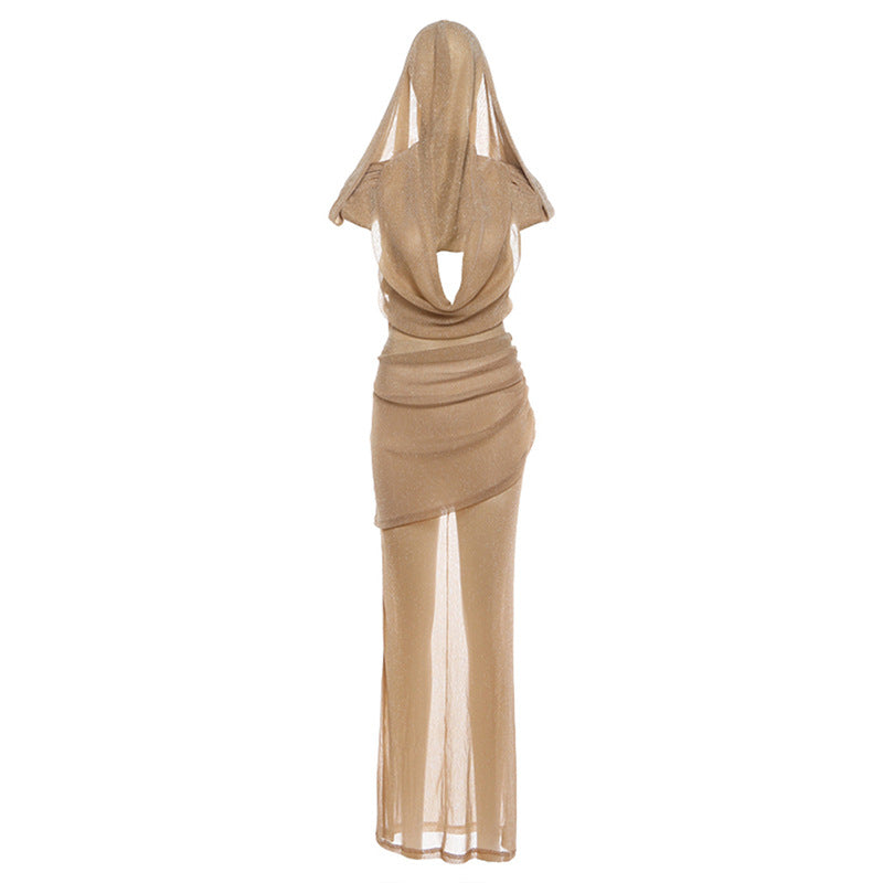 Autumn Winter Women Clothing Sexy Backless Slim Fit Hooded Deep V Plunge neck Sleeveless Dress