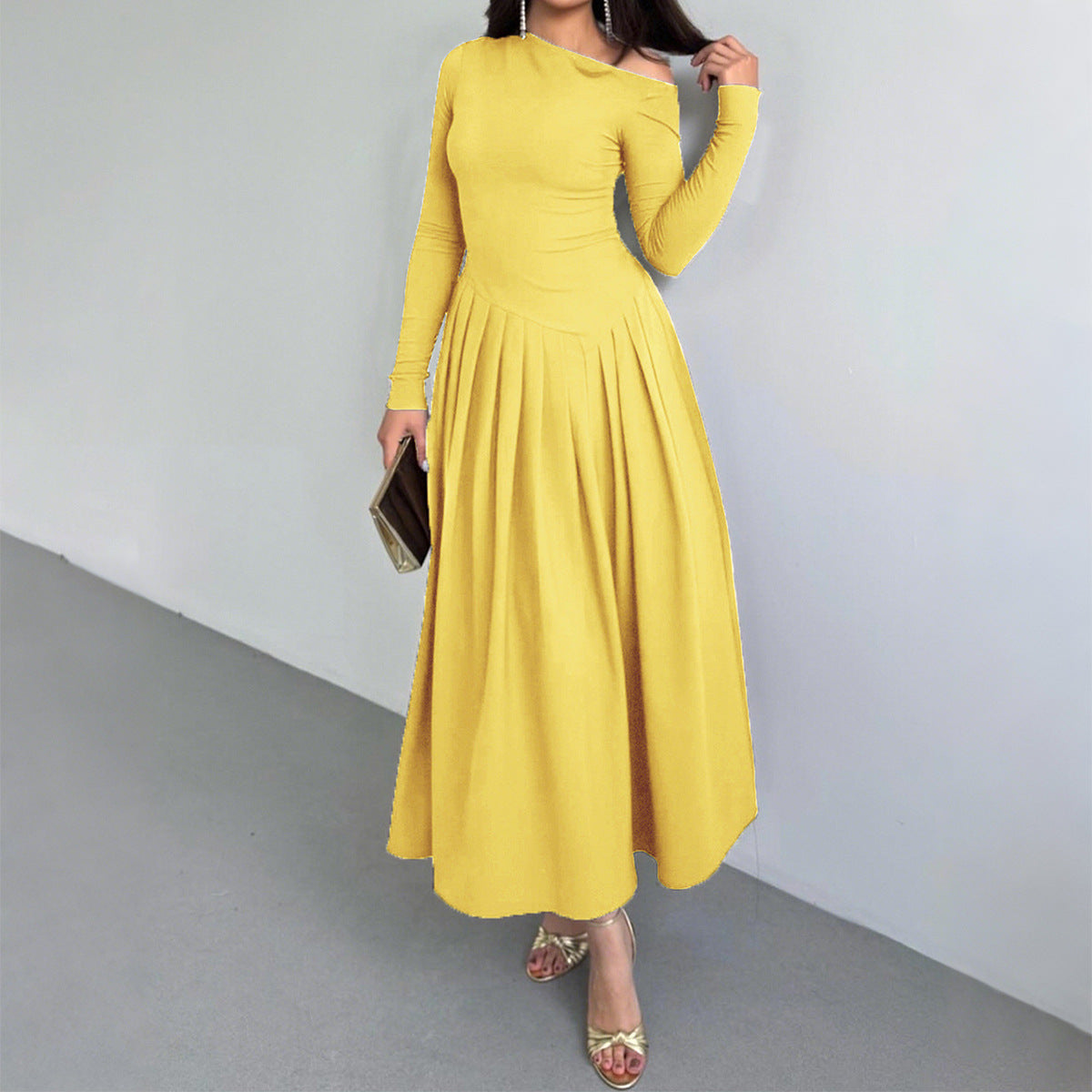 Elegant High Waist Long Sleeves Long Dress Women Clothing Autumn Winter