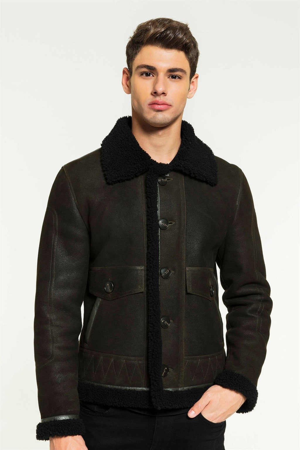 Men’s Aviator Dark Green &amp; Black Shearling Jacket