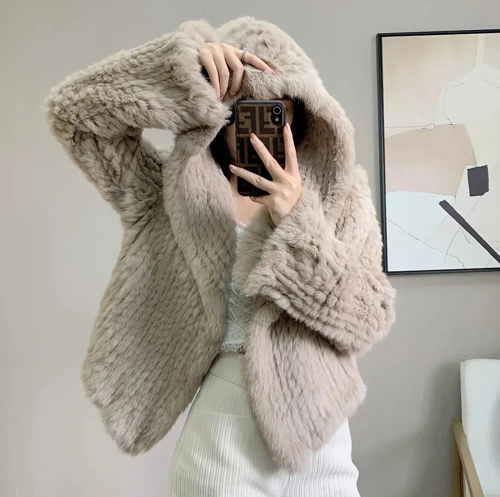 Luxurious Rabbit Fur Knit Hooded Coat