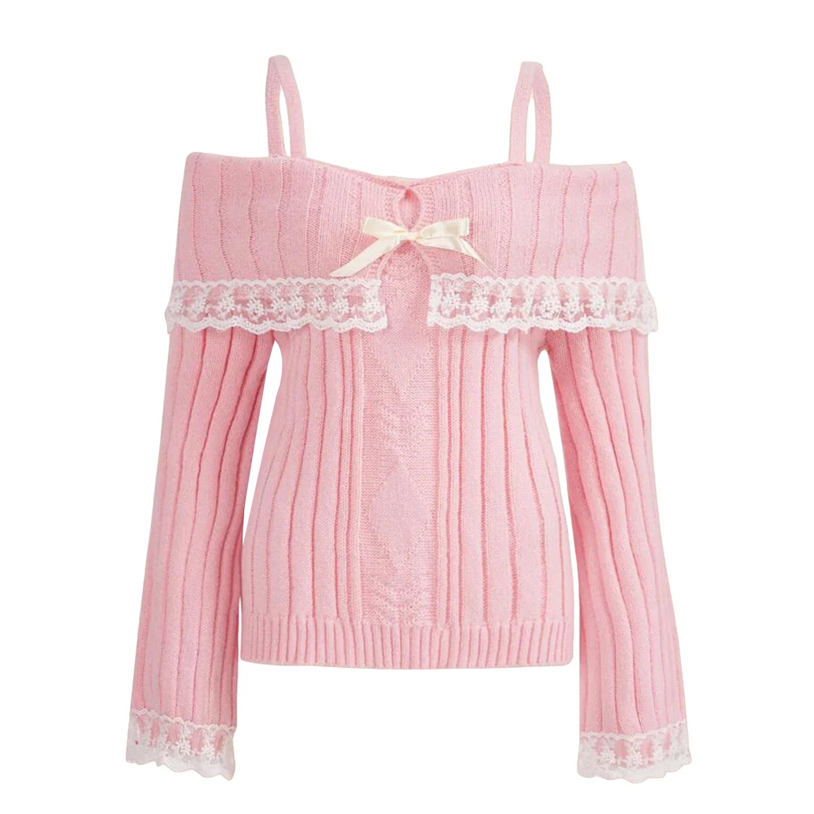 Women Long Sleeve Contrast Lace Knit Pullovers Autumn Winter Cold Shoulder Sweaters Bow Front Jumper Tops Beige/Pink