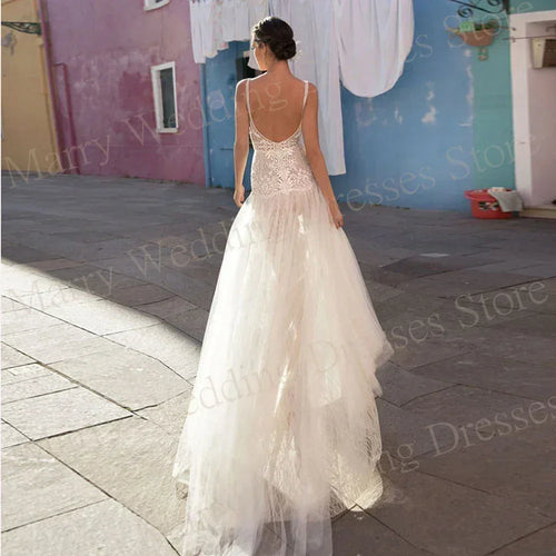 2024 Fascinating A Line Women's Wedding Dresses Pretty Appliques Lace Bride Gowns Sexy Deep V-Neck Side Split Vestidos De Novias