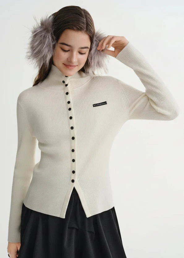 Slim-Fit Lapel Cardigan Ribbed Long Sleeve Fall Top