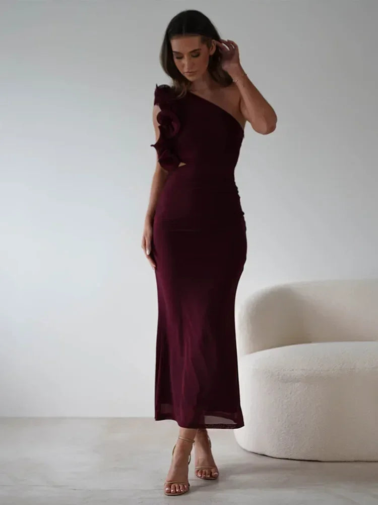 Articat Elegant Sleeveless Slant Shoulder Flower Dress Women Spring/Summer 2025 Sexy Mesh Wrap Hip Dress Party Evening Dress