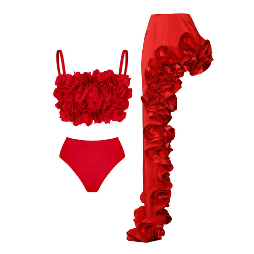 2025 Solid Red Flower Bikini Swimsuit Luxury Women Swimwear Sexy Swim Suit Deep V Monokini Off Shoulder Bodysuit Bathingsuit