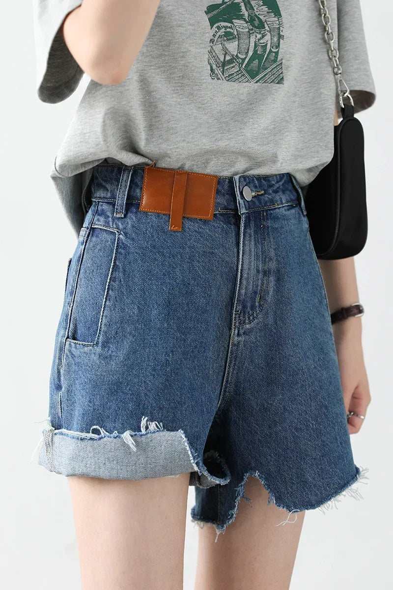 High-Waisted Retro Denim Shorts Irregular Cut Blue Jeans
