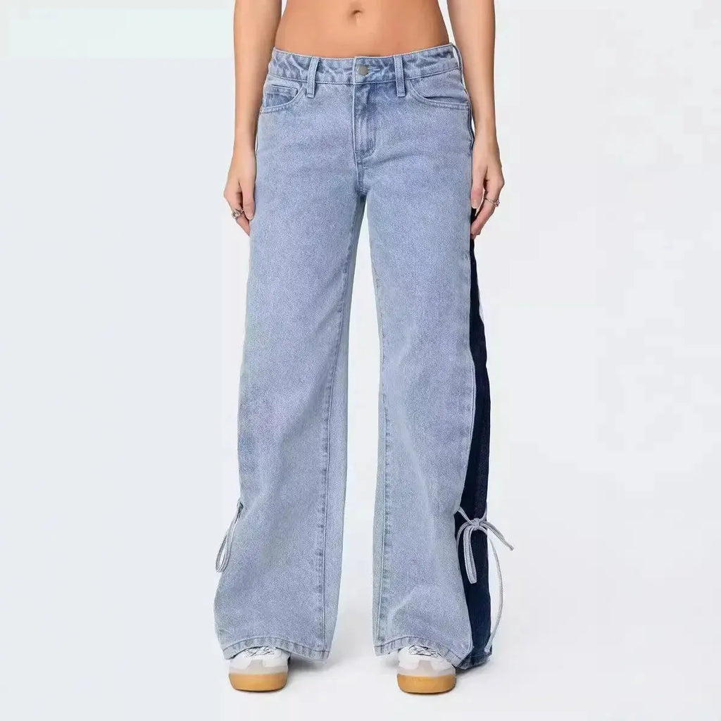 Patchwork Lace-Up Wide-Leg Trousers