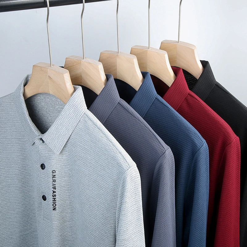 Men's Waffle Long Sleeved POLO Shirt with Letter Printed Lapel Casual Top