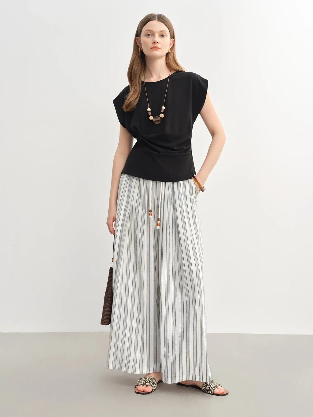 Cotton-Linen Wide Leg Pants Striped Resort Wear