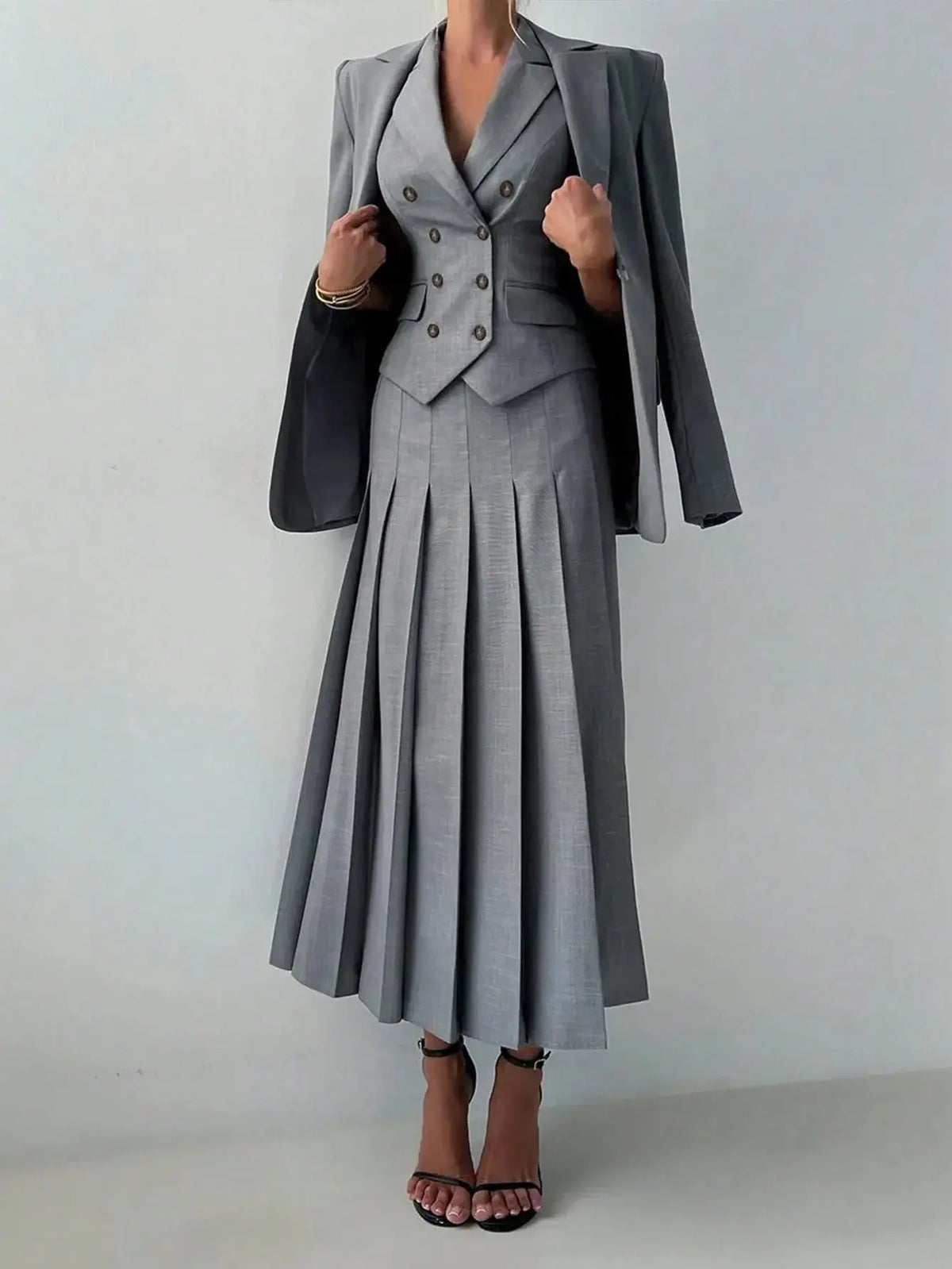 3-Piece Women's Business Suit: Vest, Pleated Skirt & Jacket