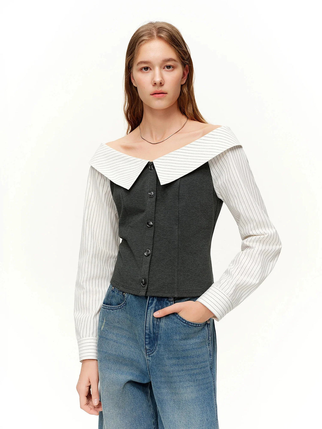 Spring Fashion Off Shoulder Crop Top & Mix Match Patchwork Jeans
