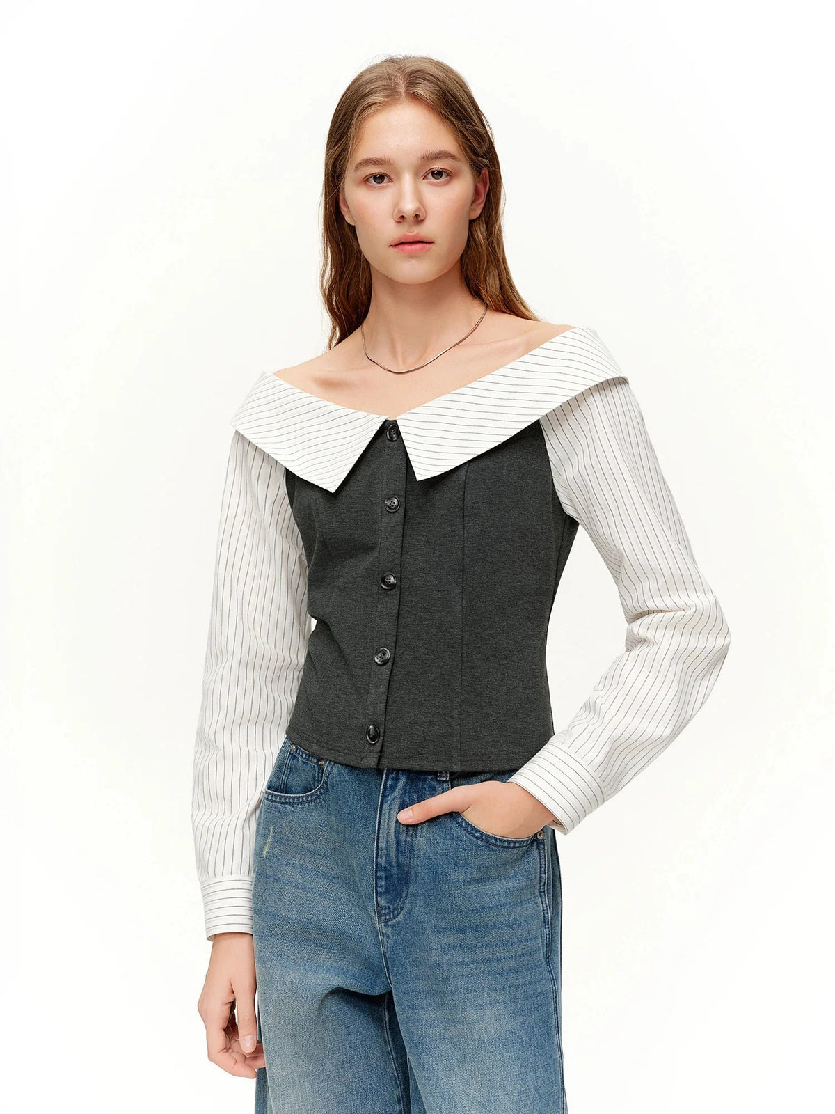 Spring Fashion Off Shoulder Crop Top & Mix Match Patchwork Jeans