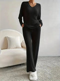 Women's Ribbed Knit Set - V-Neck Sweater & Pants
